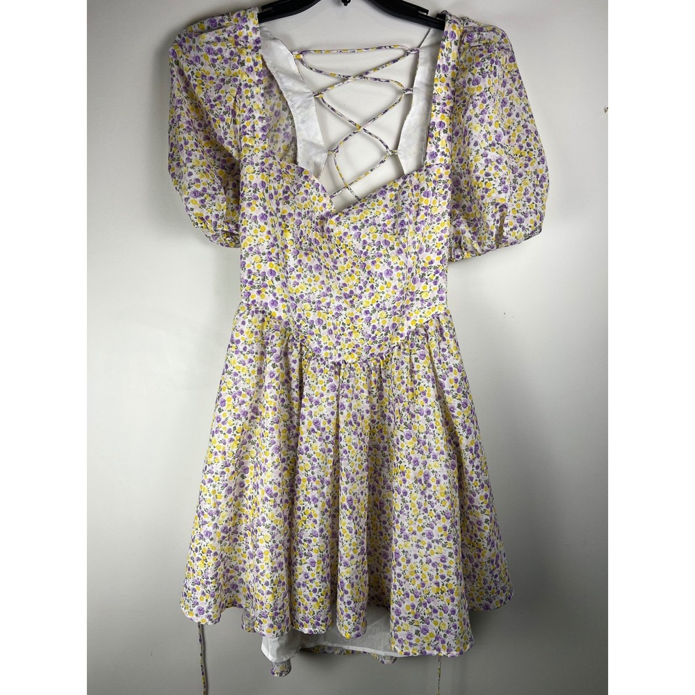 BARDOT Floral Print Square Neck Puff Sleeve Lace Up Back Mini Dress W Sz 12 NWT
